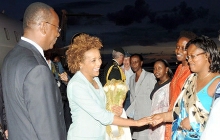 The Governor General of Canada, Michaelle Jean, greeting Rwandan officials on her arrival last evening. She was received by Prime Minister Bernard Makuza and a host of senior government officials. (Photo J Mbanda